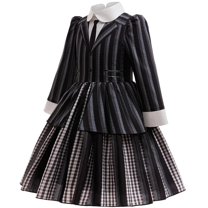 Halloween Gothic Style Costume Dress for Girls Wensday 2 Cosplay Striped School Uniform Party Ball Gown Kids Vestidos Good Vibrations