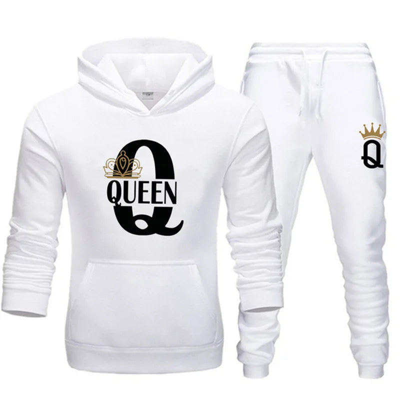 2024 New Autumn and Winter Men's and Women's Sweater Set KING QUEEN Loose Relaxed Hooded Print Couple Set Good Vibrations