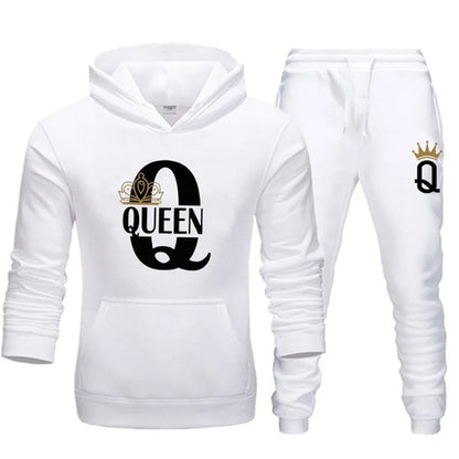 2024 New Autumn and Winter Men's and Women's Sweater Set KING QUEEN Loose Relaxed Hooded Print Couple Set Good Vibrations