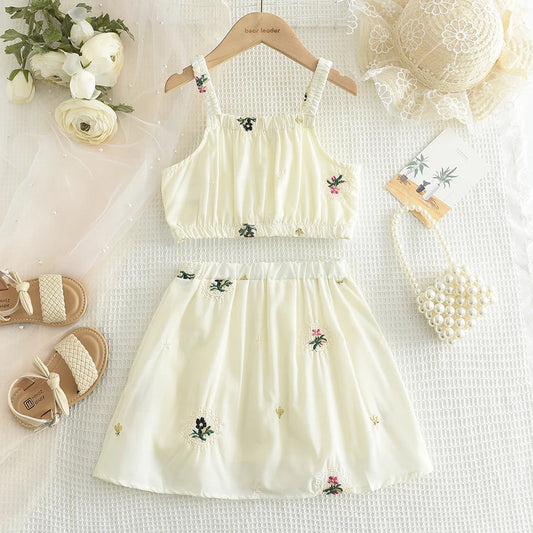 Summer Girls Outfit 2-6Y Kids  Embroidered Camisole + Short Skirt 2 Pieces Sets   Adorable Good Vibrations