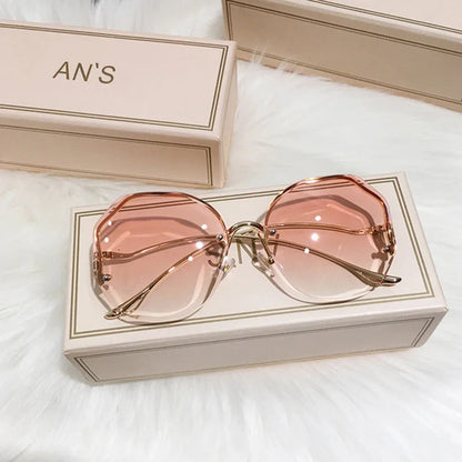 Rimless Sunglasses Polygon Fashion Popular Women Men Shades Big Frame Round Sun Glasses for Female Oculos Gradient Sunglasses Good Vibrations