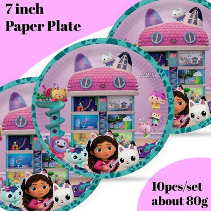 Cartoon Gabby Dollhouse Party Supplies Birthday Party Disposable Tableware Set Paper Plate Cup Napkins Baby Shower Decorations Good Vibrations