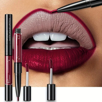 Waterproof lip liner applying precise dark red lip contour on smooth lips with matching liquid lipstick and applicators