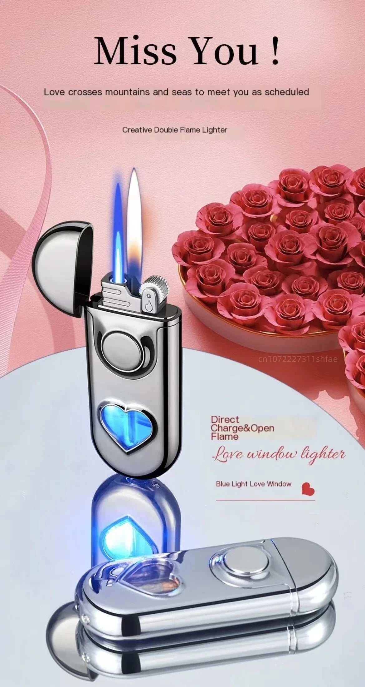 Metal Love Double Flame Butane Gas Lighter 