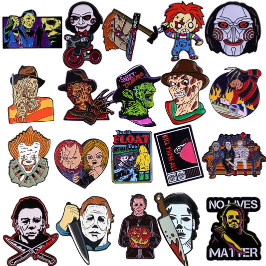 Set of Halloween horror movie enamel pins featuring iconic characters and scenes for cosplay and decoration