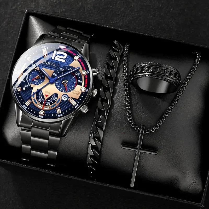 4pcs gold alloy Roman with calendar men's quartz watch and cross necklace bracelet ring set selected gift Good Vibrations