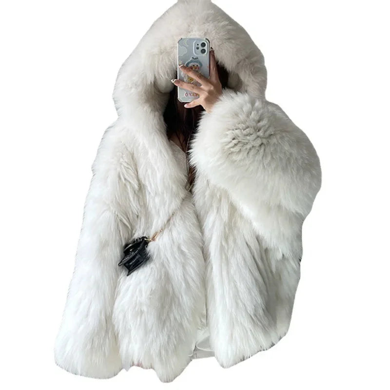 Faux Fur Jackets for Women Autumn Winter Short Bat Maxi Hooded Coats Warm Thick Coat Loose Open Stitch Jacket Y2k Streetwear Good Vibrations