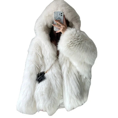Faux Fur Jackets for Women Autumn Winter Short Bat Maxi Hooded Coats Warm Thick Coat Loose Open Stitch Jacket Y2k Streetwear Good Vibrations