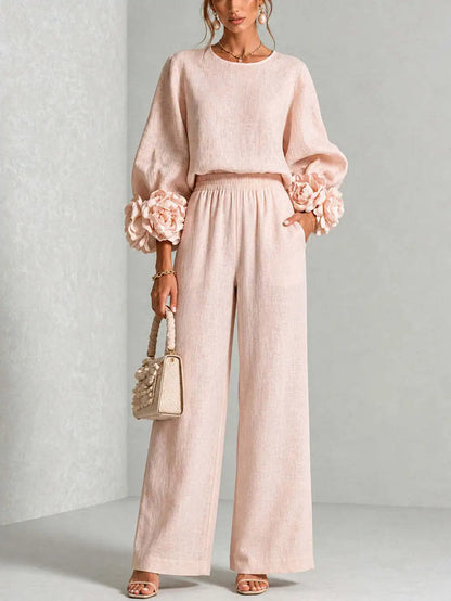 Women 2 Piece Outfit O Neck Puff Long Sleeve Top 3D Floral + Elastic Waist Wide Leg Pants Set Autumn Elegant Casual Office Suit Good Vibrations