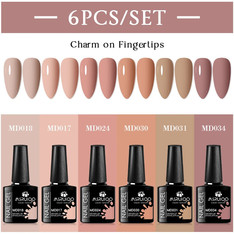 MSRUIOO 6pcs Nude Pink Gel Nail Polish Set Glitter Colorful Semi Permanent UV Gel Kits DIY Nail Art Painting Varnish Manicure Good Vibrations