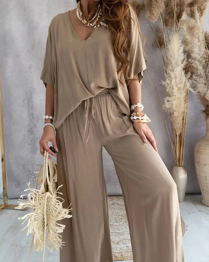 Summer White Two Piece Set For Women V Neck Bat Sleeve Top Casual Loose Lace Up Wide-leg Pants 2 Piece Suit Home Outfits Women's Good Vibrations