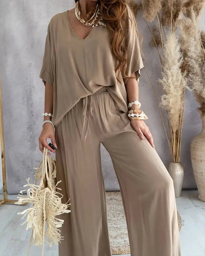 Summer White Two Piece Set For Women V Neck Bat Sleeve Top Casual Loose Lace Up Wide-leg Pants 2 Piece Suit Home Outfits Women's Good Vibrations