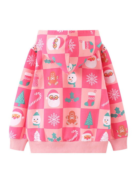 A long-sleeved hooded cardigan with cute Christmas prints for girls is perfect for outdoor casual wear, comfortable and fun Good Vibrations