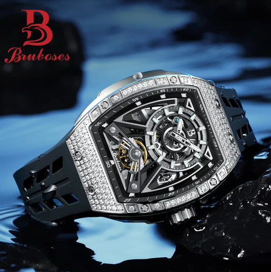Men Mechanical Winding Watch Montre Homme 2024 New BRUBOSES 5ATM Water Resistant Luminous Tonneau Quartz Wristwatch WIth Diamond Good Vibrations