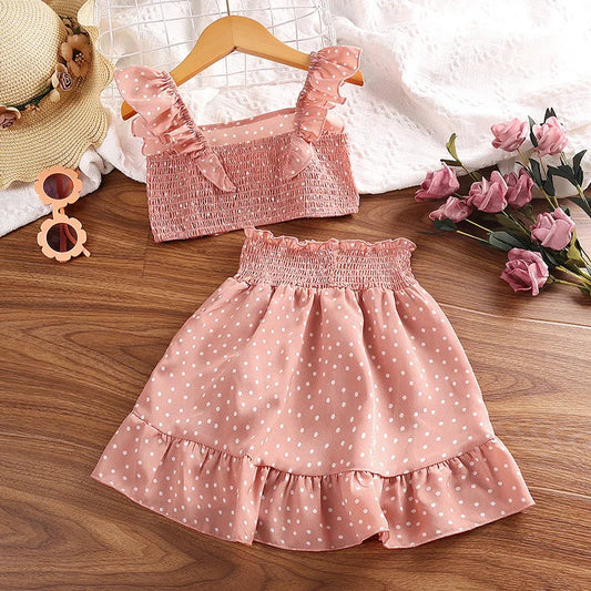 Girls' Clothing Set 5-12T Tri-Color Optional Flying Sleeve Square Collar Vest Top + Lace Skirts  Children Girls Baby Clothes Set Good Vibrations