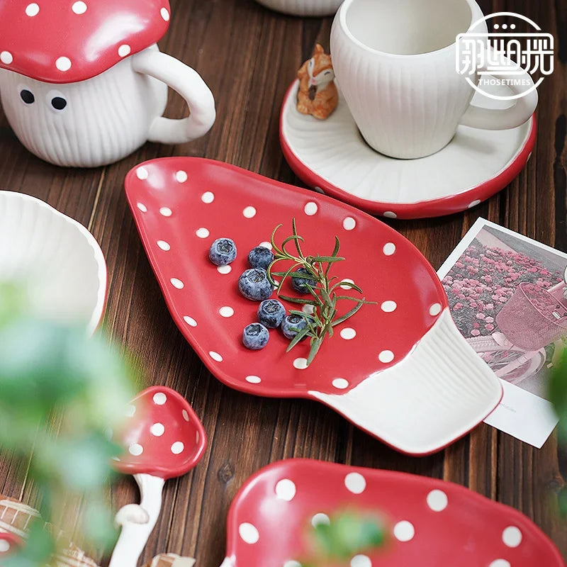 Cute Red Mushroom Ceramic Tableware Coffee Cup Afternoon Tea Set Creative Cartoon Pastry Plate Rice Bowl Salad Plate Dinner Dish Good Vibrations