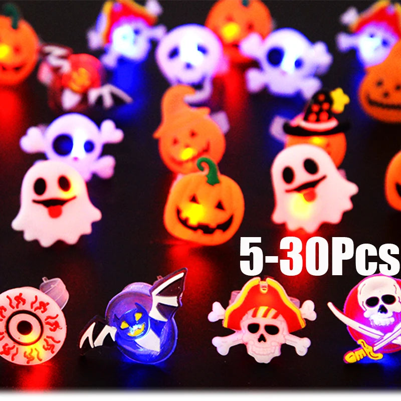 5-30Pcs LED Luminous Halloween Rings Glow In Dark Pumpkin Ghost Skull Finger Rings Jewelry For Kids Halloween Party Favors Gifts Good Vibrations