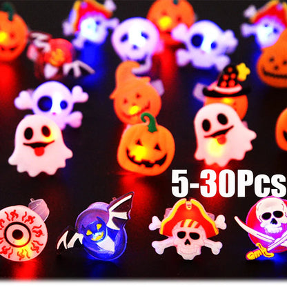 5-30Pcs LED Luminous Halloween Rings Glow In Dark Pumpkin Ghost Skull Finger Rings Jewelry For Kids Halloween Party Favors Gifts Good Vibrations