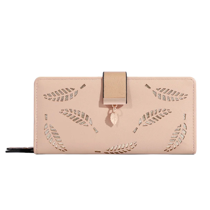 Women Wallet PU Leather Purse Female Long Wallet Gold Hollow Leaves Pouch Handbag For Women Coin Purse Card Holders Clutch Good Vibrations
