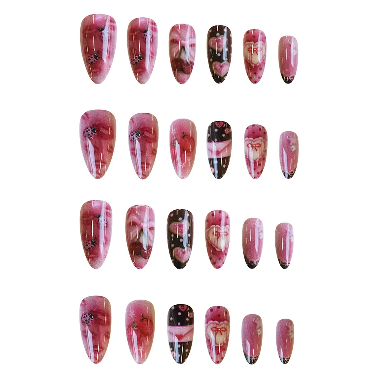 24pcs Sweet Letter Press On Nails Cute Cherry Bowknots Ladybug Strawberry Decor False Nails Blush Pink Almond Fake Nail For Girl Good Vibrations