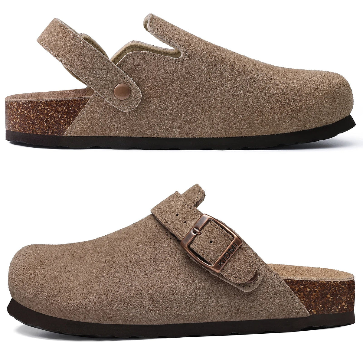 Comwarm Women's Suede Clogs with Adjustable Strap Cork Footbed Leather Mules Slippers Unisex Outdoor Comfortable Potato Shoes Good Vibrations