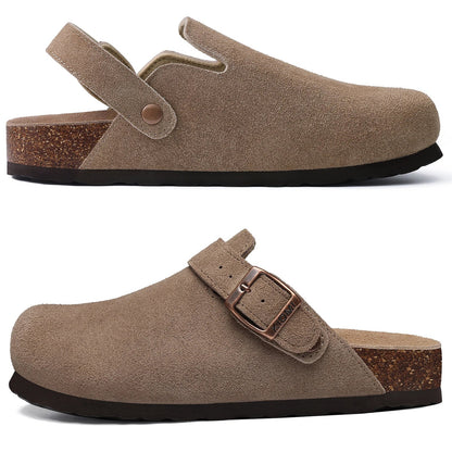 Comwarm Women's Suede Clogs with Adjustable Strap Cork Footbed Leather Mules Slippers Unisex Outdoor Comfortable Potato Shoes Good Vibrations