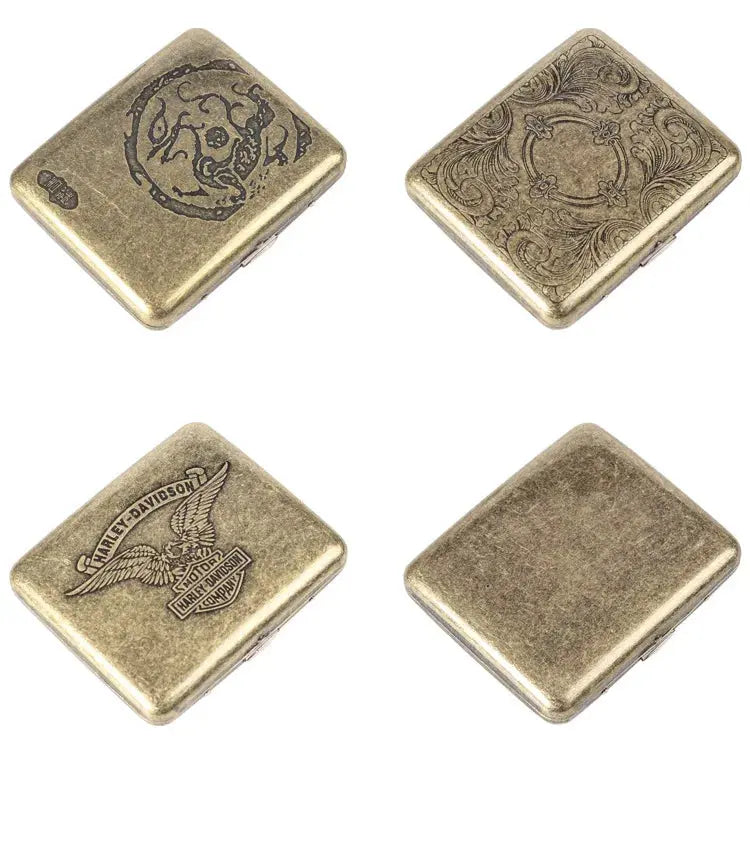 Retro brass cigarette box with engraved designs, ideal for tobacco storage.