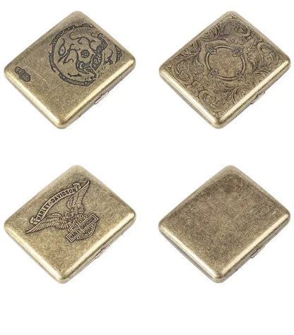 Retro brass cigarette box with engraved designs, ideal for tobacco storage.