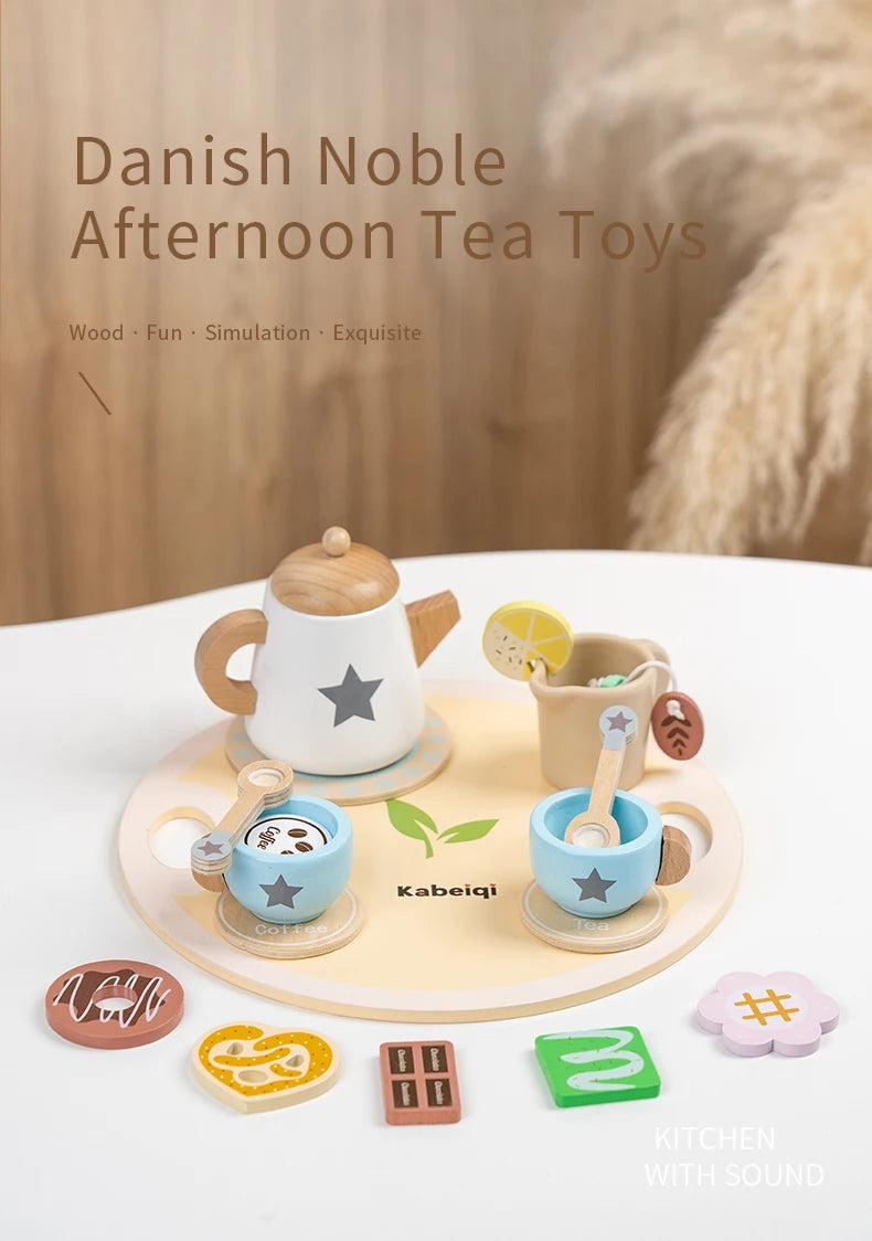 Wooden Kitchen Play Toys Kitchen Simulation Tea Set Afternoon Tea Activity Games Pretend Play Kitchen Accessories Toy for Kids Good Vibrations