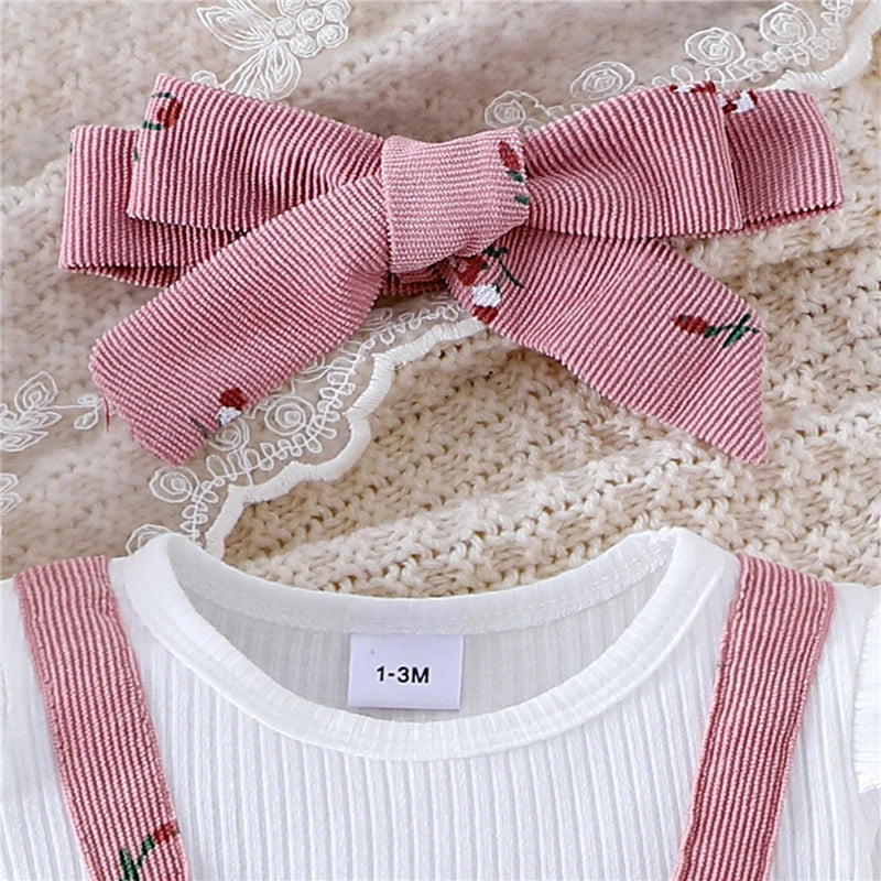 New Autumn Newborn Baby Girls Long Sleeve Romper Floral Print Fake Two Pieces Patchwork Bow Jumpsuits and Cute Headband Set Good Vibrations