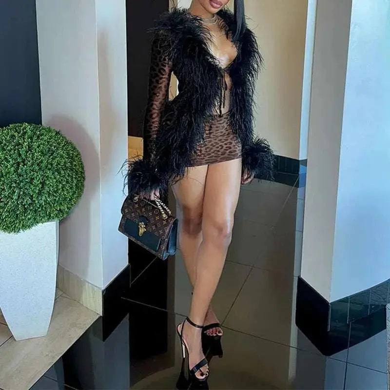 OMSJ Sexy Faux Fur Feather Patchwork Lace Up Cardigan Long Sleeved Top And Mini Tight Skirt Leopard Print 2-Pieces Party Outfits GOOD Vibrations