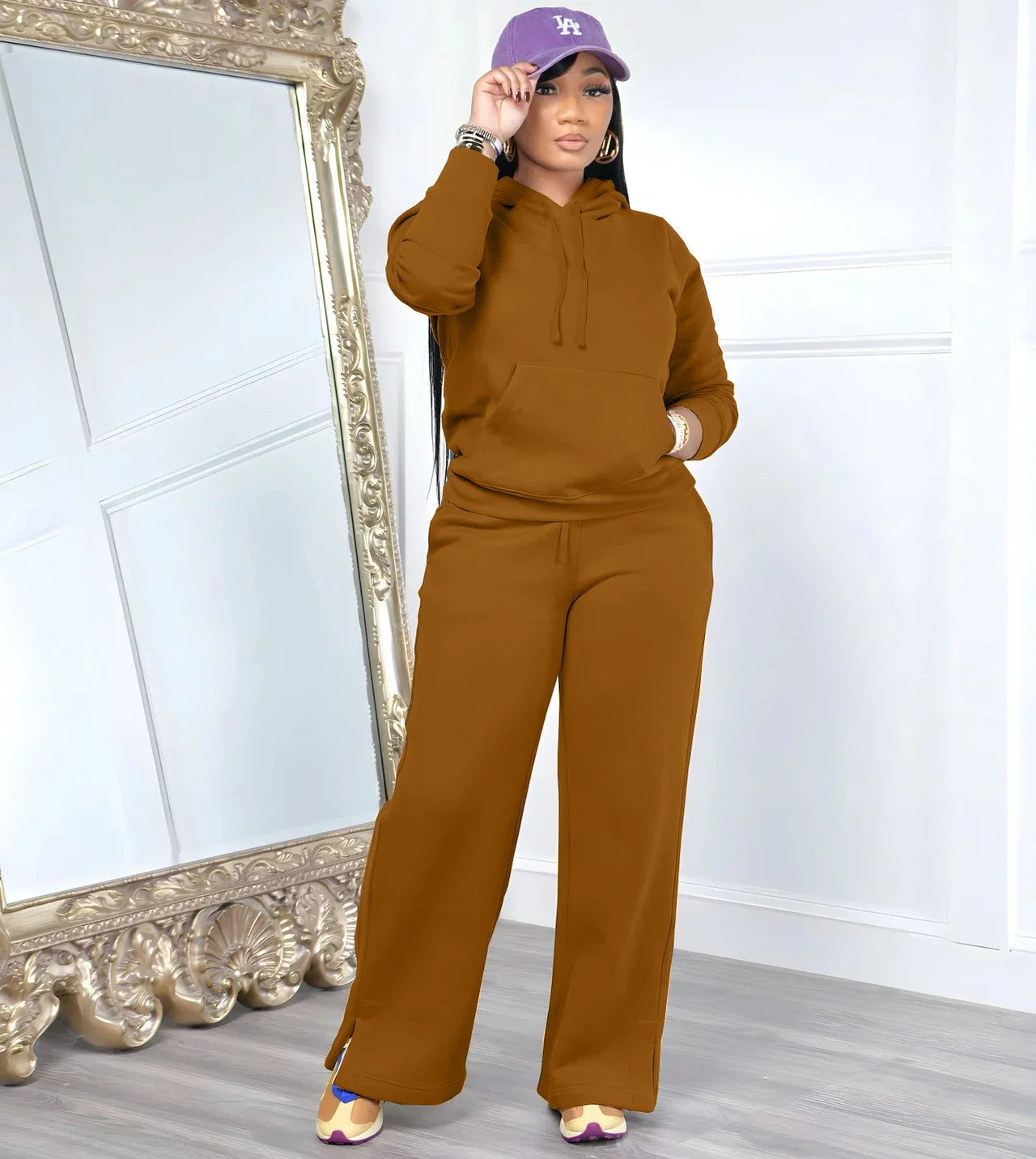 Women Sport Two Piece Outfit Winter Casual 2 Piece Set Hoodies Tops Wide Leg Pants Set Women Tracksuit Good Vibrations