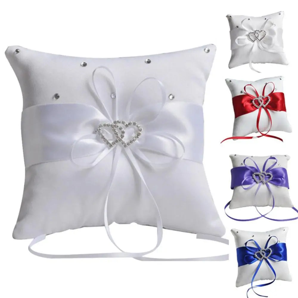 10x10 cm Romantic Bridal Wedding Ring Pillow Double Heart Ribbon Cushion Decor European Romantic Rhinestone Decor For Wedding Good Vibrations
