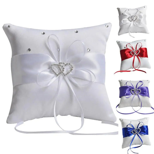 10x10 cm Romantic Bridal Wedding Ring Pillow Double Heart Ribbon Cushion Decor European Romantic Rhinestone Decor For Wedding Good Vibrations
