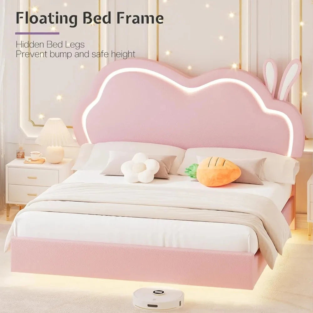 Jocisland Twin LED Bed Frame for Girls Upholstered Floating Bed with Cute Cloud Headboard, No Box Spring Needed, Leather, Pink Good Vibrations