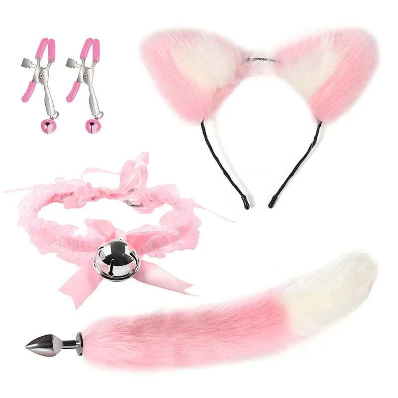 VaHppy SM BDSM Sex Toy Sets role-playing Fox 5pcs/lot Plush Anal Plug Tail Bell Collar Mouth Plugs White/Black/Pink Couple games GOOD Vibrations