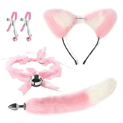 VaHppy SM BDSM Sex Toy Sets role-playing Fox 5pcs/lot Plush Anal Plug Tail Bell Collar Mouth Plugs White/Black/Pink Couple games GOOD Vibrations