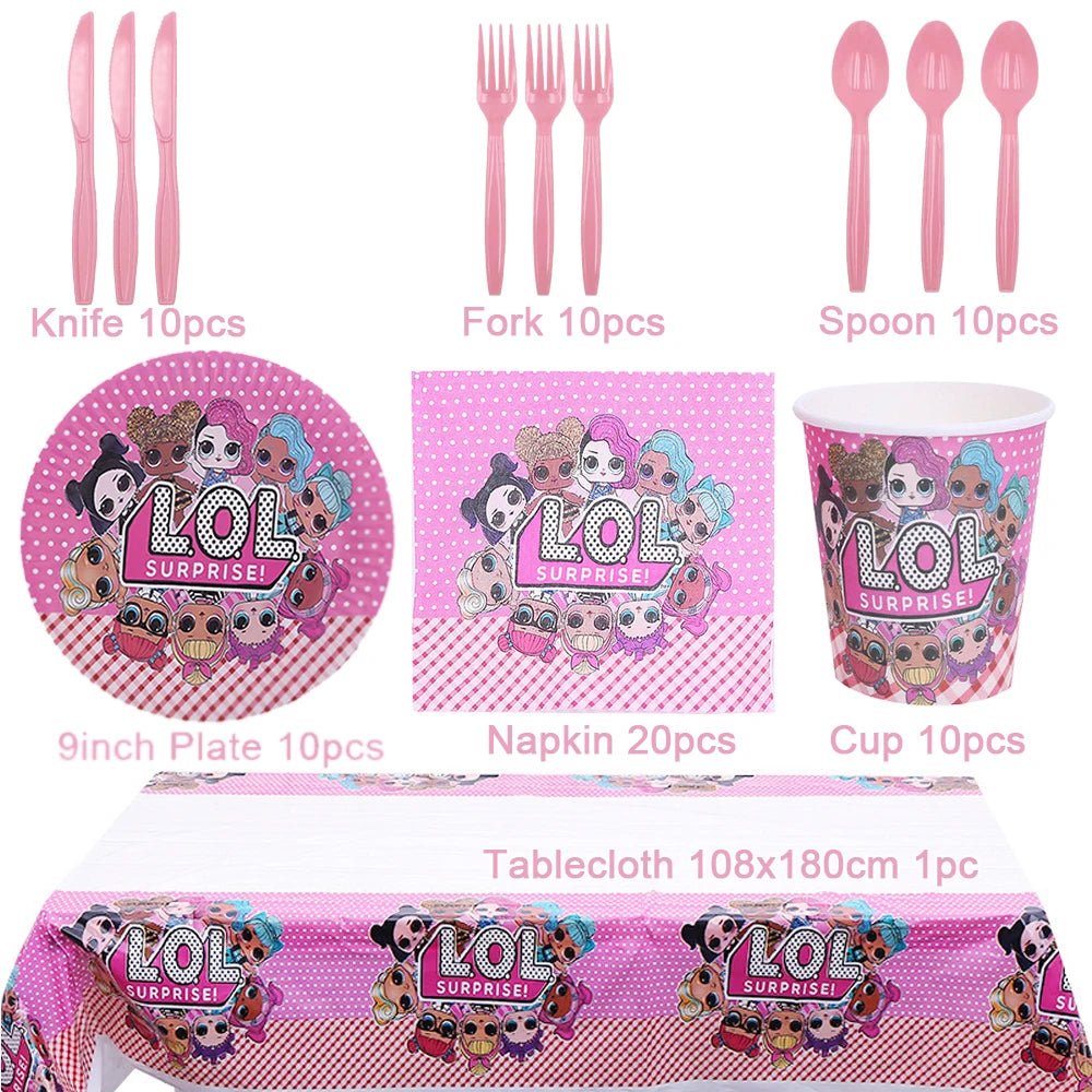 Girl Surprise Theme Backdrop Cute Shiny Doll Birthday Party Decoration Pink Latex Balloon Disposable Tableware Plate Cake Topper Good Vibrations