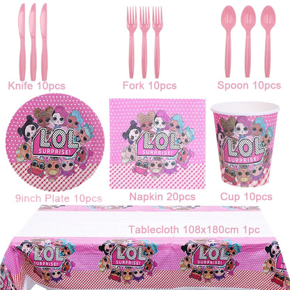 Girl Surprise Theme Backdrop Cute Shiny Doll Birthday Party Decoration Pink Latex Balloon Disposable Tableware Plate Cake Topper Good Vibrations