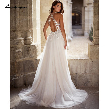 Romantic Lace Halter Boho Wedding Dress V-Neck Sheer Back Tulle A-Line Bridal Gown Illusion Back Wedding Gown Customized Good Vibrations