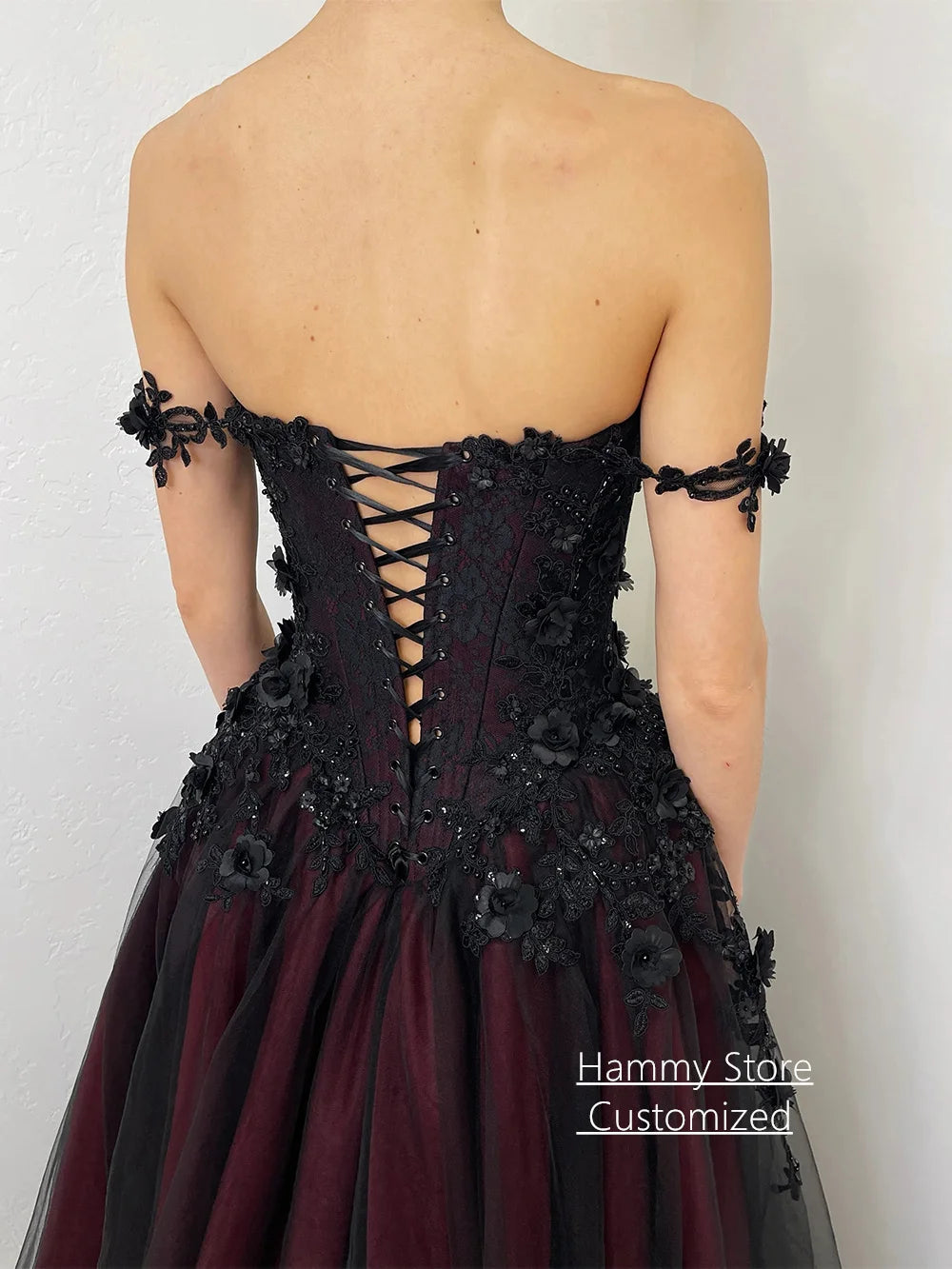 Gothic Wedding Dress Customized Off The Shoulder V Neck Flowers Applique Court Train Black Burgundy A Line Bridal Gown Good Vibrations