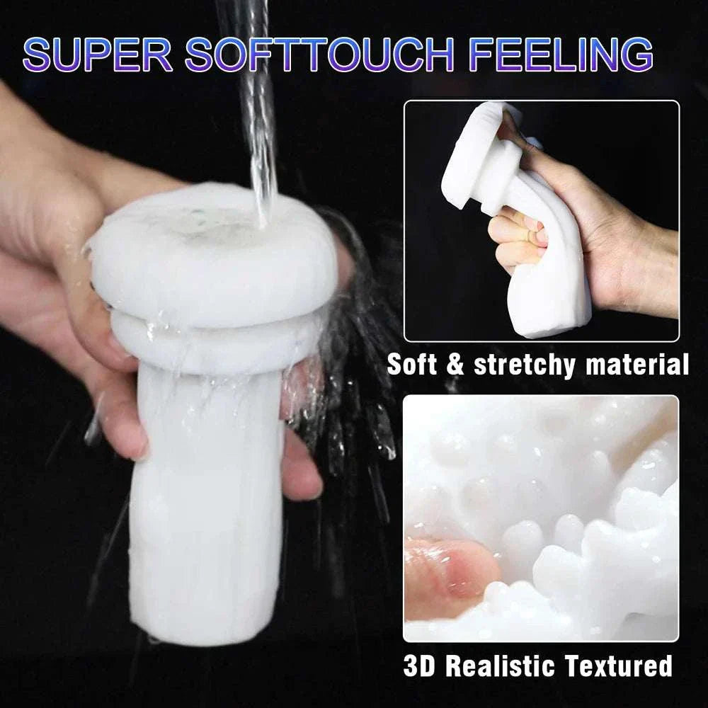 Automatic telescopic male masturbator cup with soft, stretchy, and 3D realistic textured material.