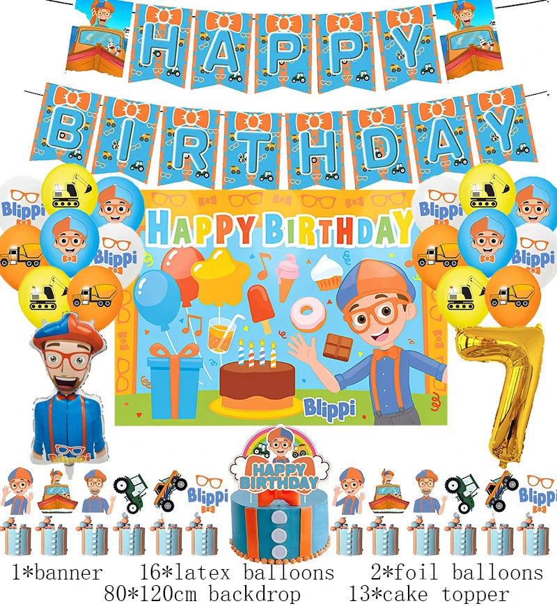 New Blippiing Birthday Party Decoration Foil Balloon Backdrop Banner Cake Topper Baby Birthday Party Supplies Good Vibrations
