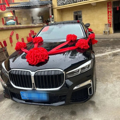 Large Wedding Car Front Decor Full Set Romantic Floral Ball Flower Arrangement Ribbon Bows Bridal Main Car Decor Good Vibrations