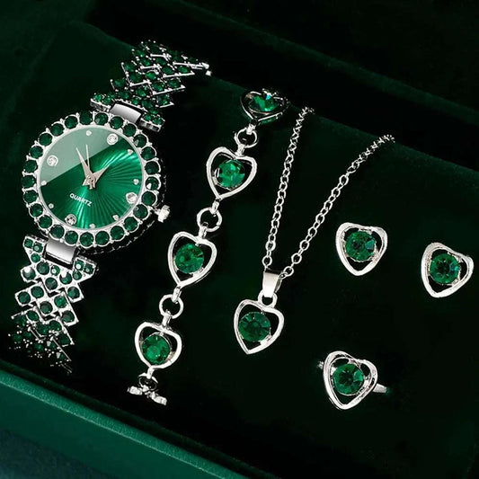 Women fashion watch and jewelry set with green heart rhinestones, including ring, necklace, earring, and bracelet, luxury elegant quartz wristwatch