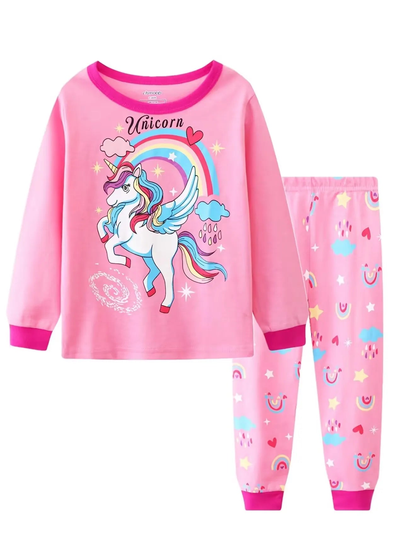 2pcs Girls Casual Cartoon Unicorn Print Crew Neck Pink Cotton Pajama Sets Good Vibrations