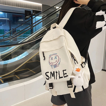 Pocket Front Backpack, Preppy Style Solid Color Nylon  Bookbag, Kawaii Large Capacity Double Handle School Bag Good Vibrations
