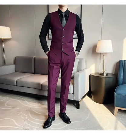 Suit (suit +Vest+Pants) Formal Business Men Four Seasons Professional Fashion Gentleman Solid Color Outdoor British Style Suit