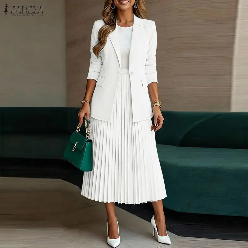Women's Elegant Office Wear Skirt Suits Long Sleeve Blazer & A-Line Pleated Skirt 2 Pieces Sets ZANZEA Fashion Skirt Sets Outfit Good Vibrations