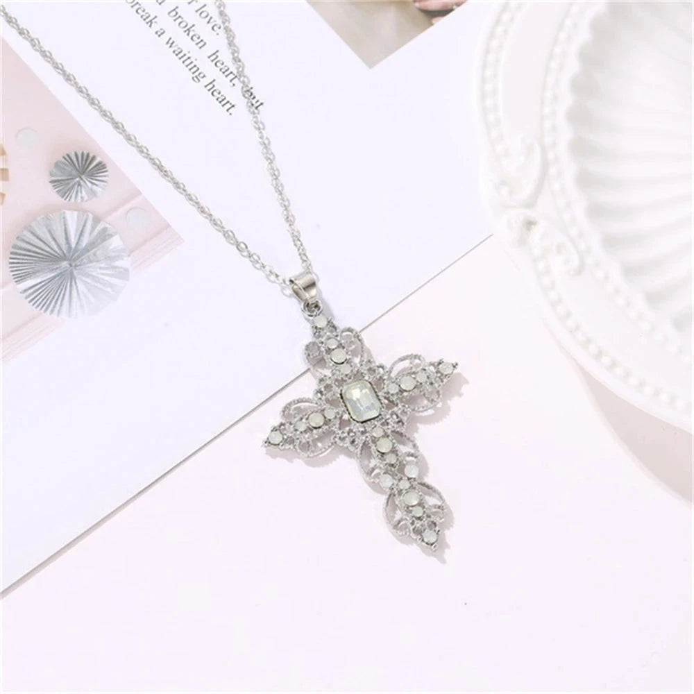 Fashion Exquisite Hollow Cross Necklace Bohemian Inlaid Rhinestones Clavicle Chain Jewelry Gifts For Women Girls Party Wearing Good Vibrations